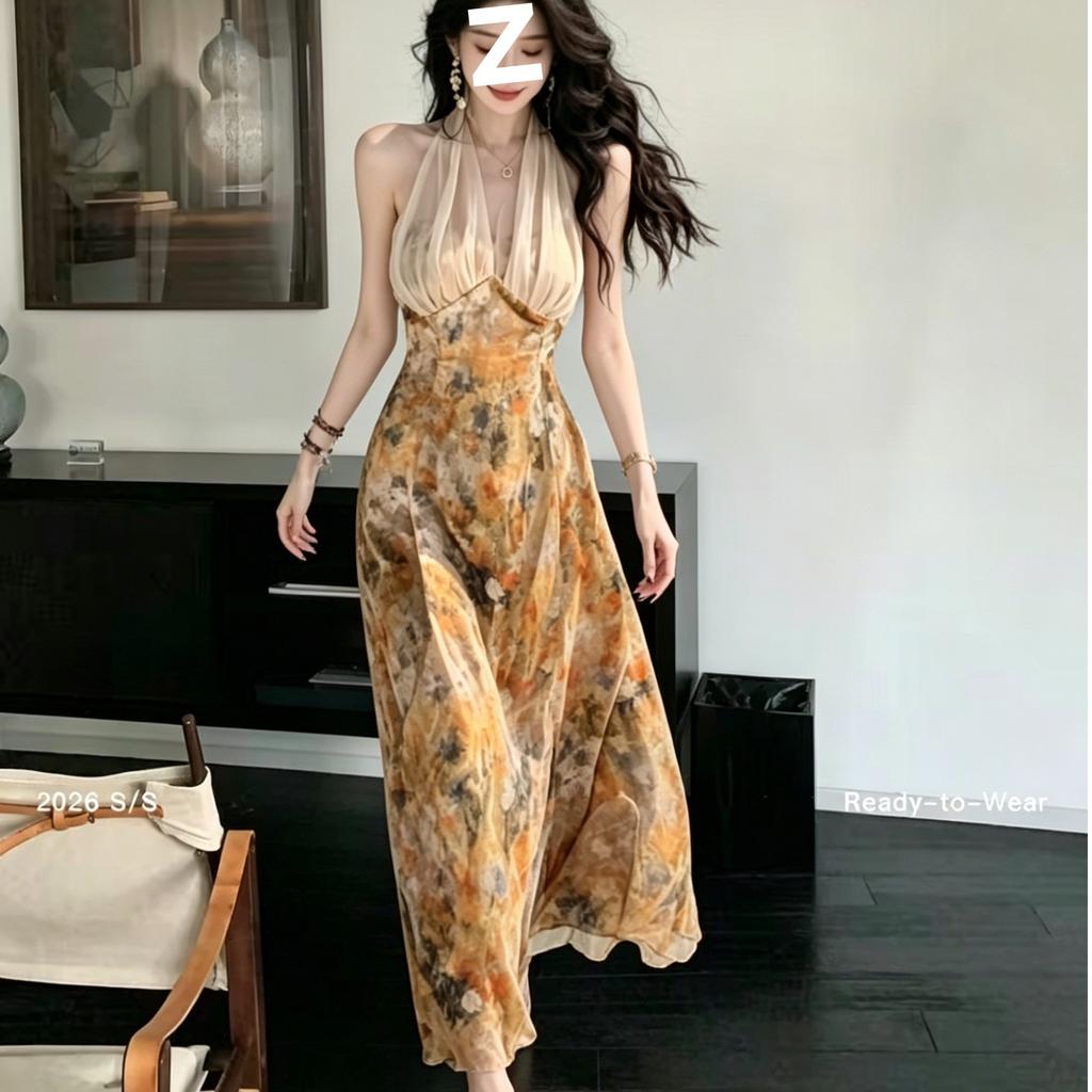 Retro smudge oil floral neck dress summer mesh V-neck waist pendulum long dress seaside vacation looking thin