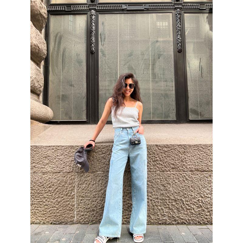 

Blacknini Yin Huafu/Private Wear Development Light Blue Casual High Waist Cargo Pocket Small Wide Leg Jeans Blue XL