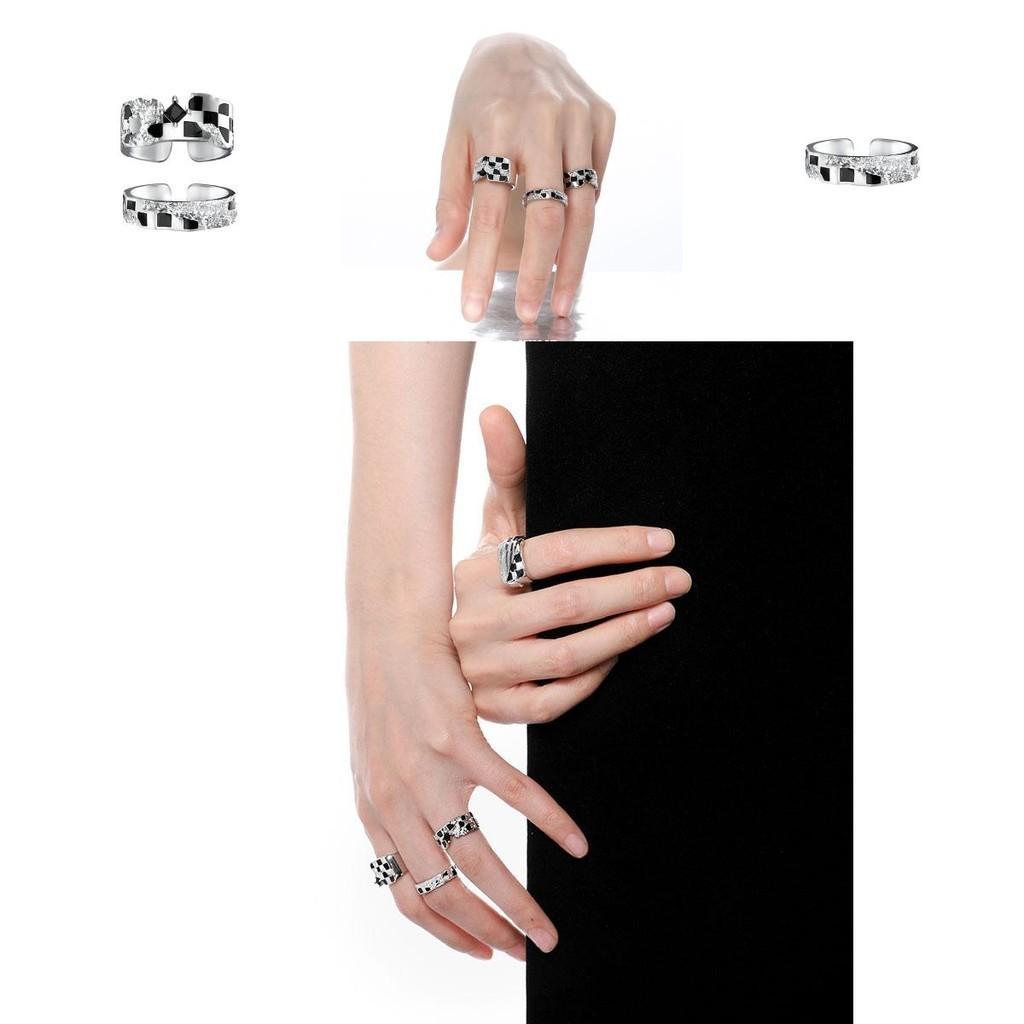 Style Ins Elegant Adjustable Silver Checkerboard Ring For Women Trendy Festival Gift