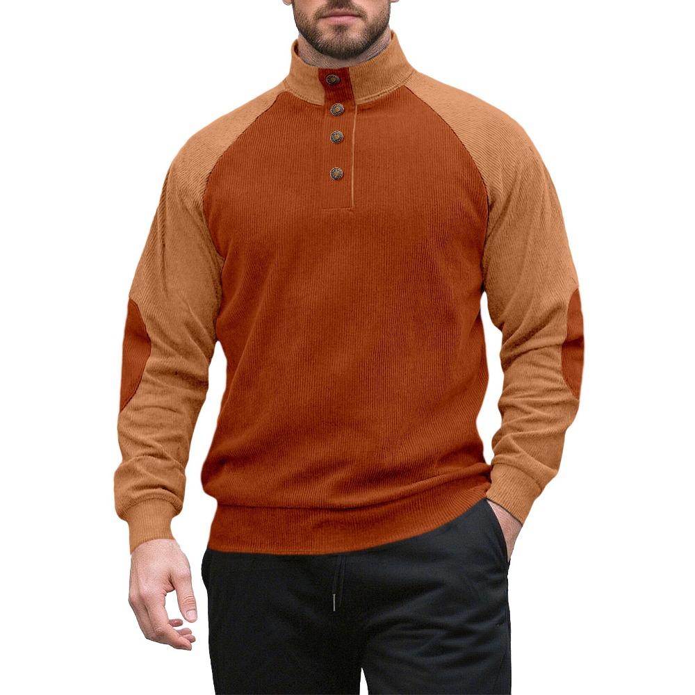 New Men's Long-Sleeved Stand-Up Collar Outdoor Sweatshirt Corduroy Button-Front Casual Sports Henley Top