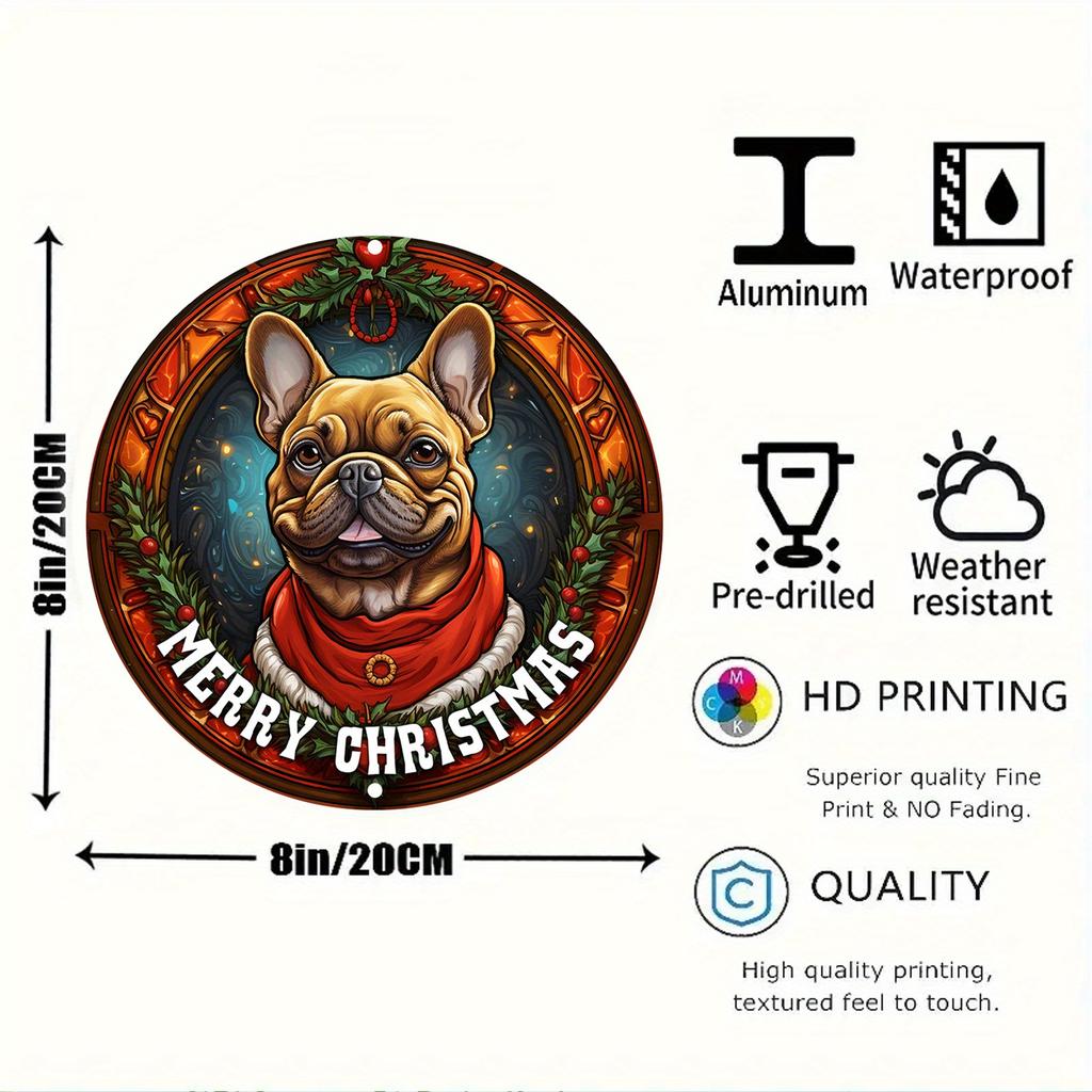 Merry Christmas French Bulldog Aluminum Sign pc cm Round Festive Wall Art Waterproof WeatherResistant Outdoor