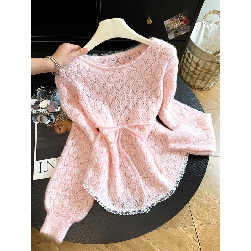 Women's French Lace Patchwork Hollow Knit Pullover – Soft, Fluffy, Waist-Cinched, Stylish Long Sleeve for Early Autumn