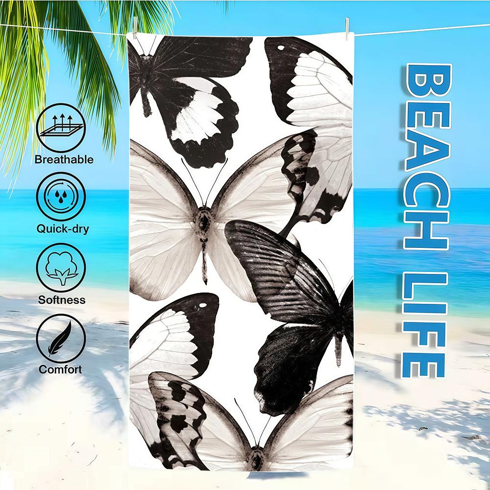 

Towel Textile Bathrobe Beach Quick-Drying White Swallowtail Black Lightweight Portable Camping Sequined Butterfly Pool Travel W30*H60(CM)