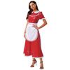 Women French Maid Dress Satin Lapel Collar Lace Trim Short Sleeve Wet Look PU Maxi Apron Costume