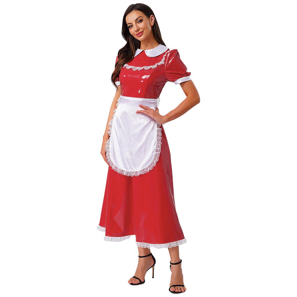 Women French Maid Dress Satin Lapel Collar Lace Trim Short Sleeve Wet Look PU Maxi Apron Costume