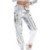 Glänzende, holografische, dehnbare, metallische Jogginghose für Damen, hohe Taille, Sweatpant, Hip-Hop-Club, Rave-Hose