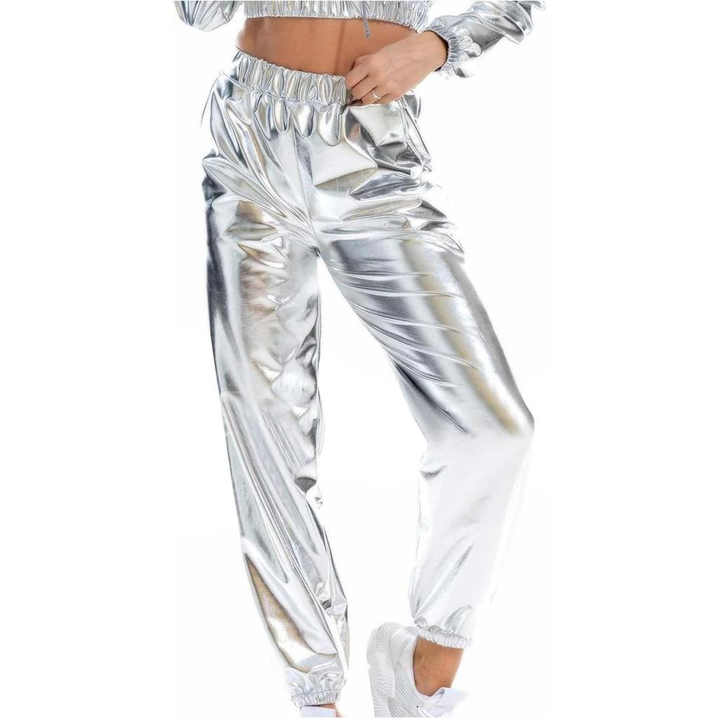 Glänzende, holografische, dehnbare, metallische Jogginghose für Damen, hohe Taille, Sweatpant, Hip-Hop-Club, Rave-Hose