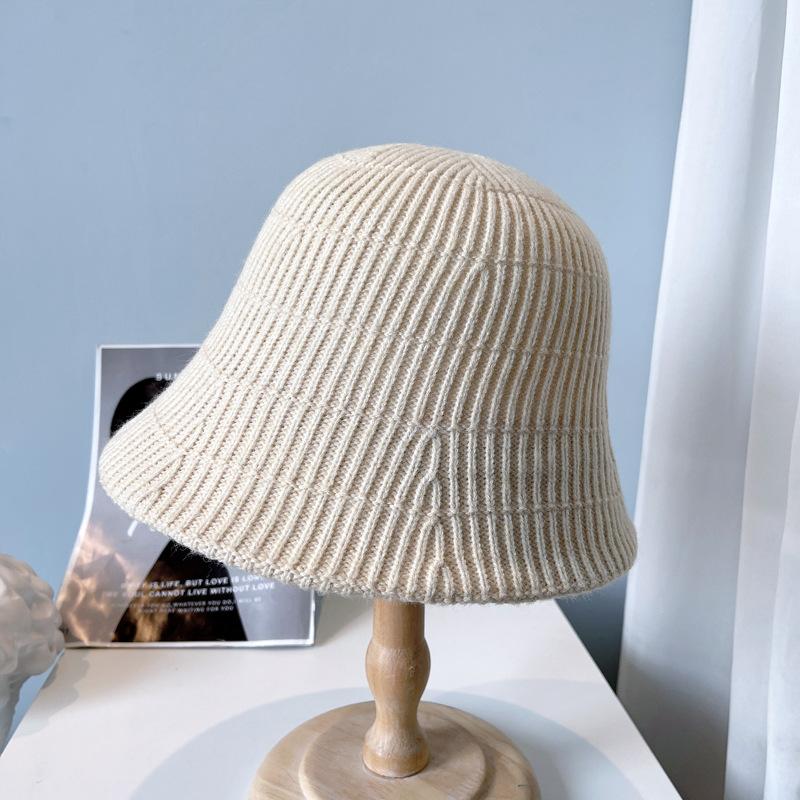 Cashmere Knitted Checkered Bucket Hat Women Fall Winter Warm Knitted Wool Hat Simple and Elegant Solid Fisherman Hat Basin Cap