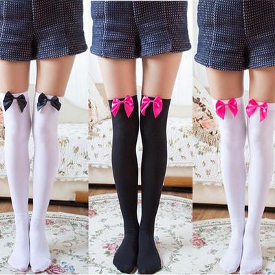 Velvet Bowknot Thigh-High Stockings - Japanese Cute Over-the-Knee Socks for Women