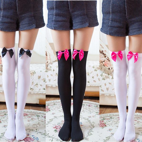 Velvet Bowknot Thigh-High Stockings - Japanese Cute Over-the-Knee Socks for Women