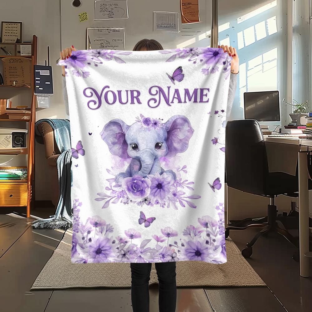 1PC Custom Name Pink Elephant Dreams Patterned Flannel Blanket Suitable For All Seasons for Home Decor Warmth and Comfort Gifts Holiday Present_lx