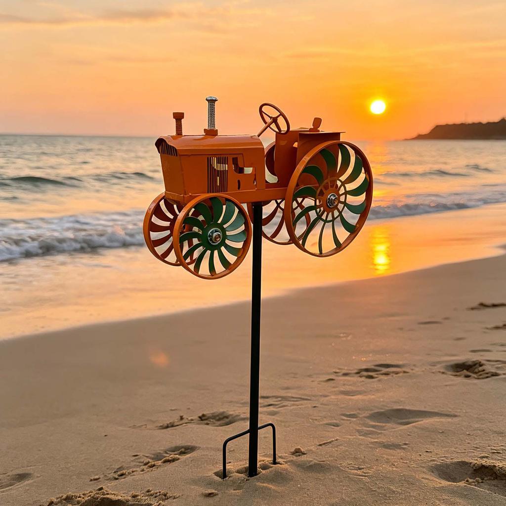 Tractor Wind Sculpture with Rotating Wheels Orange Tractor Windmill Stake Decorative Windmill for Garden Yard Patio Lawn Decor