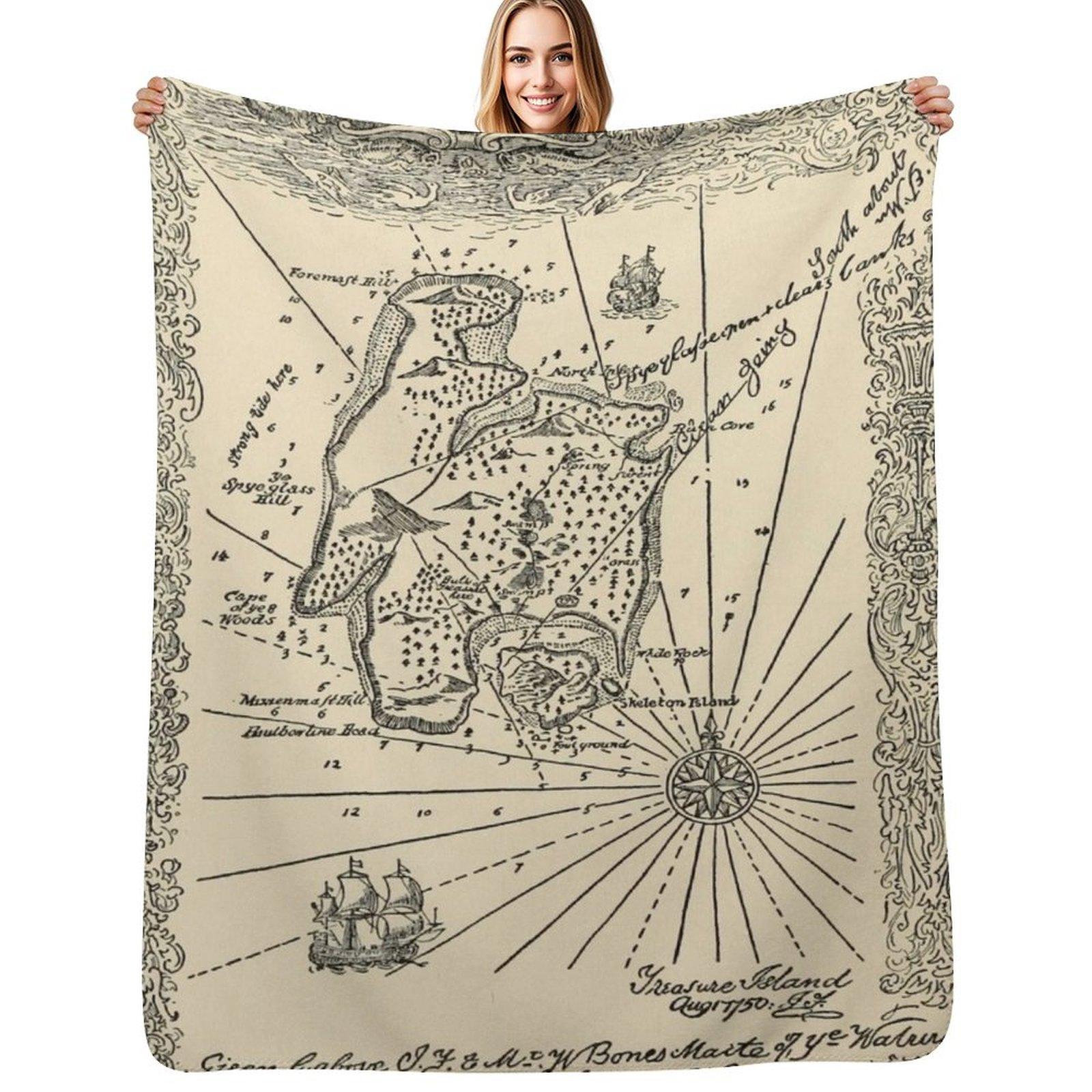 Vintage Treasure Island Pirate Map (1915) Throw Blanket Cozy Microfiber Throw Blanket for Home Bedroom Size: 75*100cm, Weight: 230 GSM