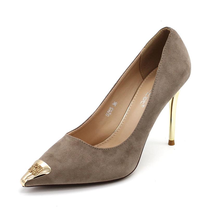 9265 2025 spring new high heels suede pointed head thin heel metal head shallow mouth single shoes super high heel women's shoes