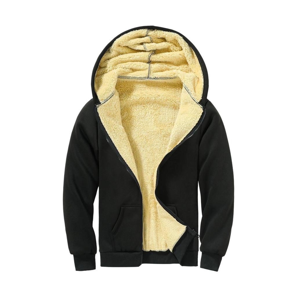 Men's Black Lambswool Thick Winter Hooded Coat with Zipper - Versatile, Loose-Fit Hoodie