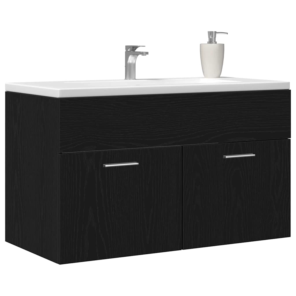 Black Washbasin Cabinet with Oak Effect Wood Based Material
