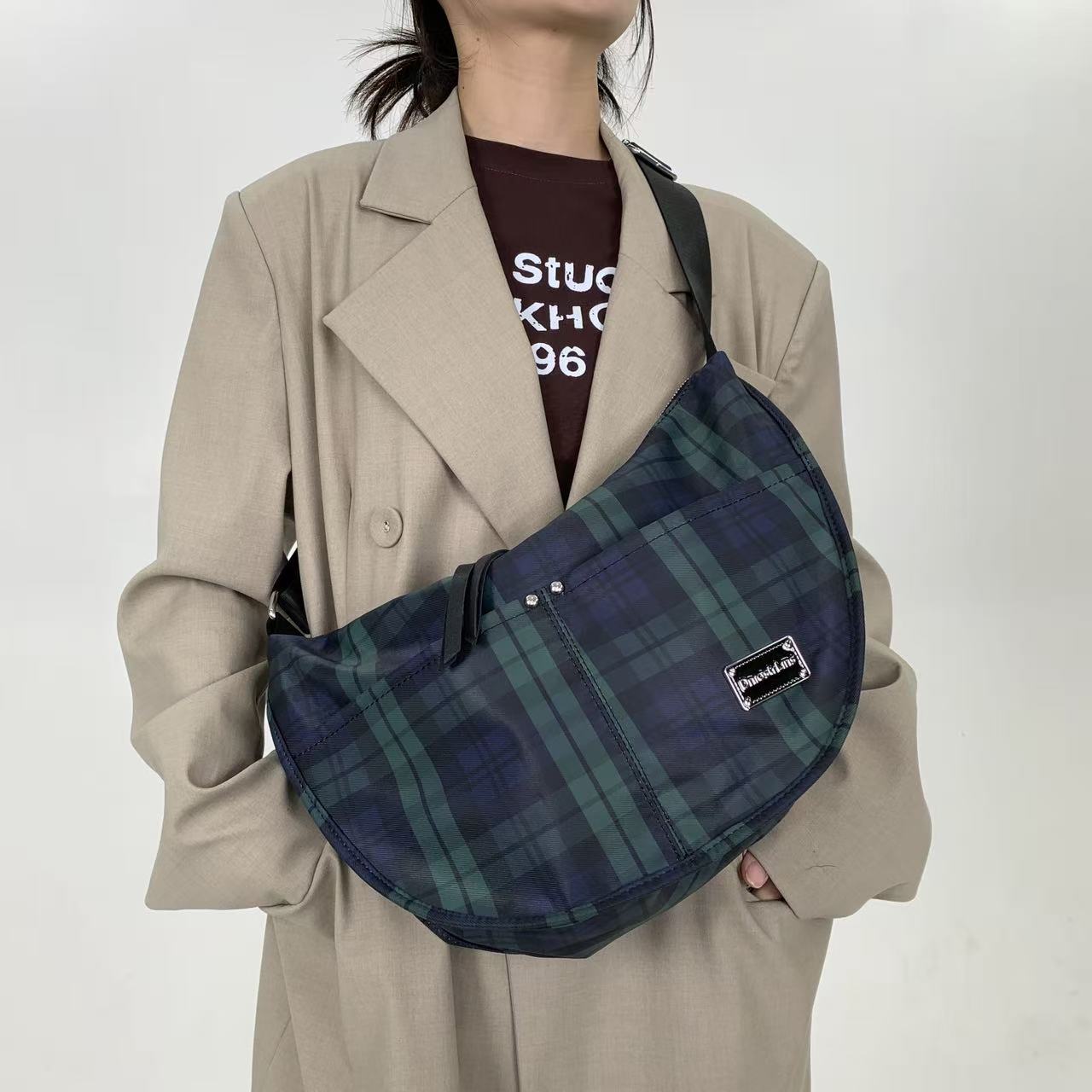 Women S Casual Plaid Messenger Bag Lightweight Nylon Personalized Splicing Shoulder Handbag зелёный