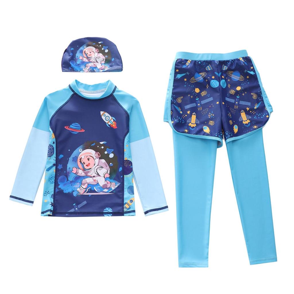 Boys' Quick-Dry Cartoon One-Piece Swimsuit with Long Sleeves and Sun Protection