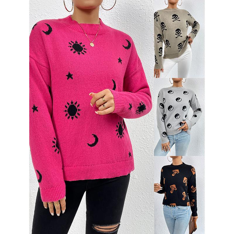 

Женские свитера с круглым вырезом с принтом, винтажная мода, повседневная простая базовая пуловер с длинными рукавами, шикарные мягкие топы, одежда