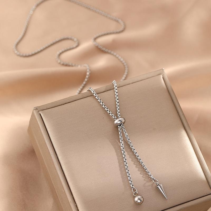 Korean Stainless Steel Y-Shaped Long Tassel Pendant Necklace for Women Simple Metal Ball Adjustable Sweater Chain Jewelry Gift