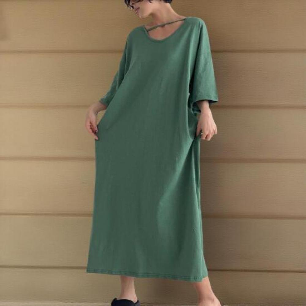 New Arrivals Open Run Women Big Size Short Sleeve Long Dress Asymmetrical Strap