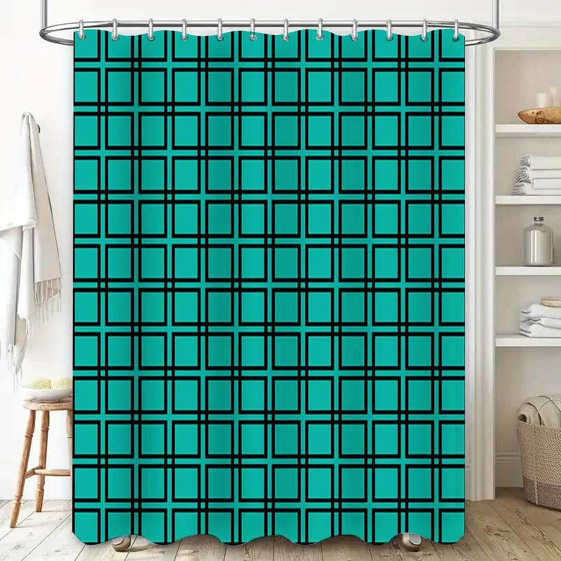Green Checkered Shower Curtain Waterproof Home Decor Bath Mat for Bathroom Decoration Blue Green Large Grids Pattern (180x240cm)