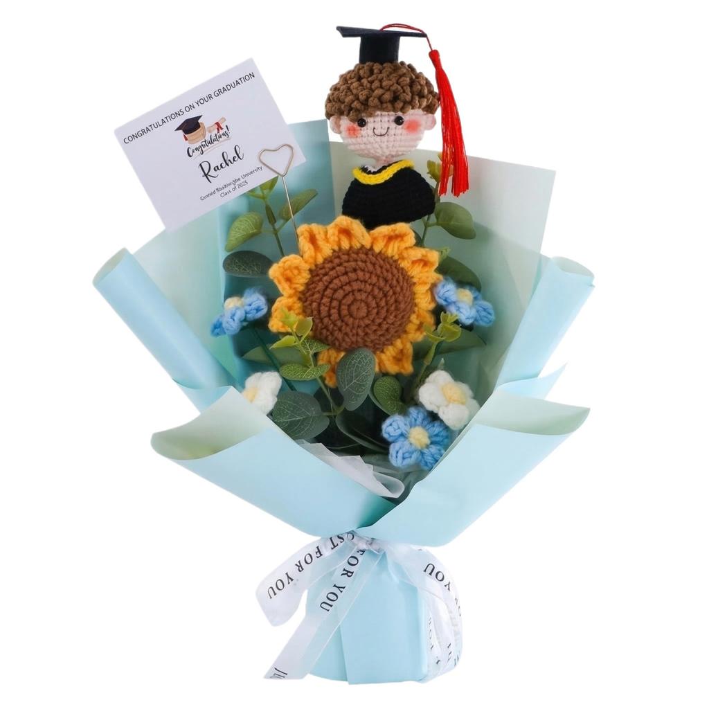 Knitted Yarn Flower Sunflower Puff Bouquet, Gift For Adult , Graduation , For Classmates And Friends