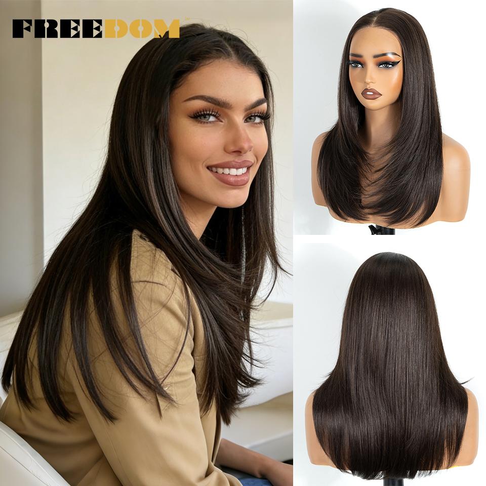 FREEDOM 13x3 Layered Synthetic Lace Front Wigs For Women 18 Inch Straight Ombre Brown Blonde Lace Wig Pre-plucked Highlight Wigs