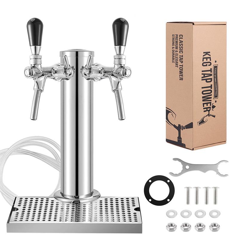 Draft Beer Tower,Dual Faucet Tap Kegerator Tower,3'' Dia. Stainless Steel Column Beer Dispenser with Hose,Wrench,Brewing Bar Kit