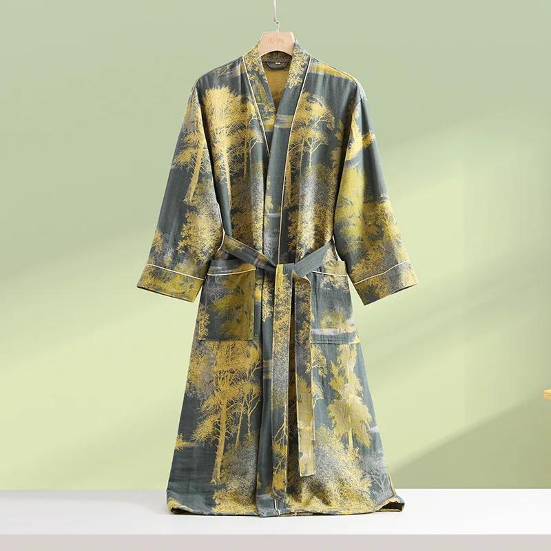 Print Flower Cotton Gauze Kimono Bathrobe Gown Female Robe Negligee Loose Home Dressing Gown Sleepwear Spring Summer Nightwear