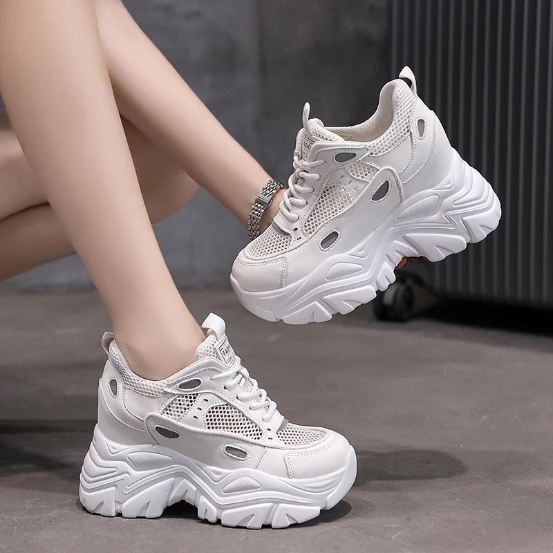 High Platform Women Sneakers Spring Stylish Thick Sole Casual Shoes 9CM Breathable Mesh Walking Shoes Woman Zapatos Mujer