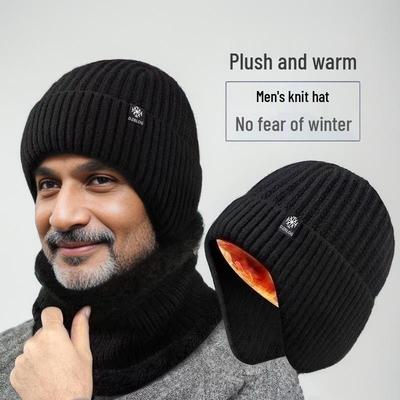 Touca de Tricô de Inverno Masculina - Touca de Lã com Forro de Lã com Proteção para as Orelhas para Homens de Meia-Idade e Idosos