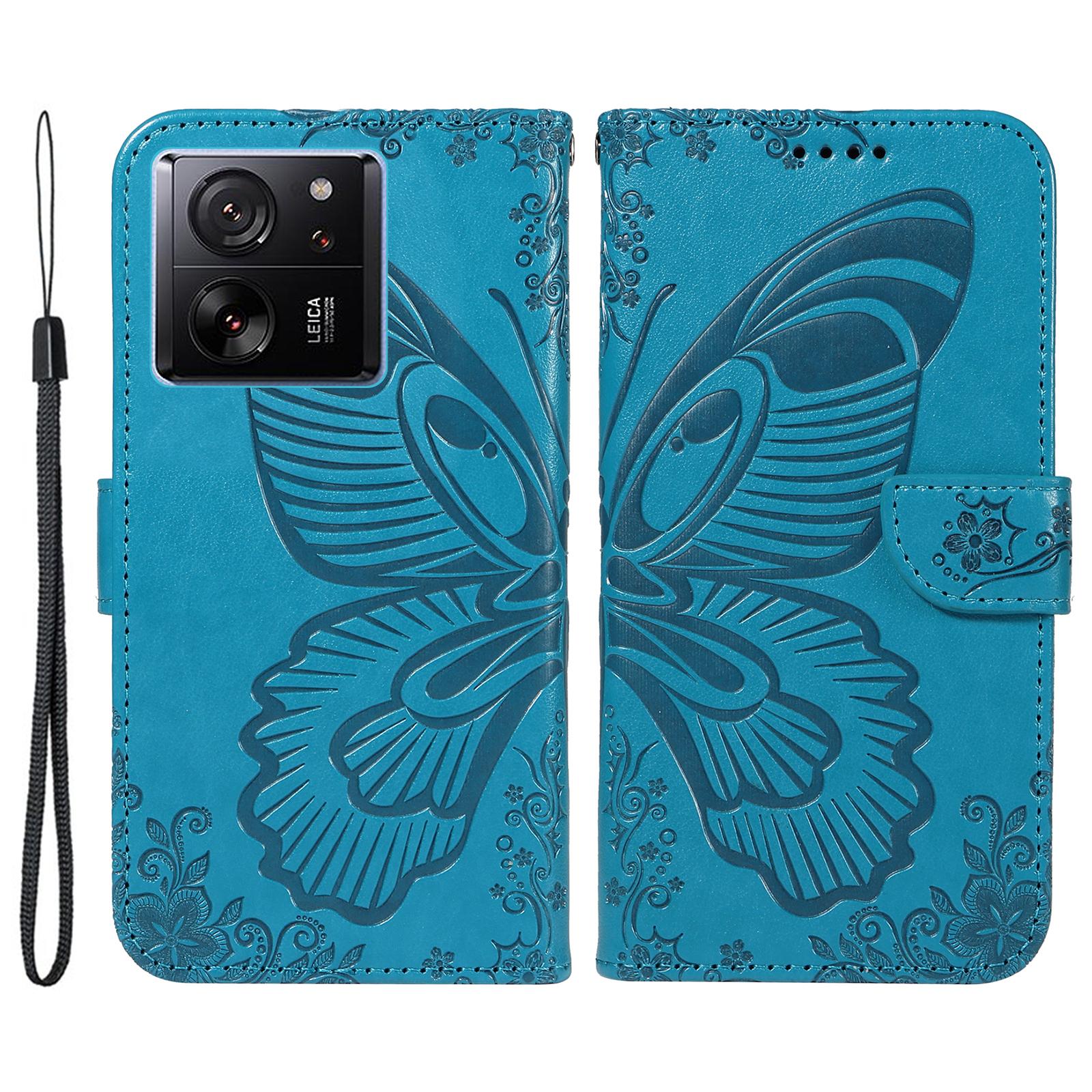 

For Xiaomi 13T Pro/13T/Redmi K60 Ultra Phone Case Butterfly Pattern PU Leather Flip Phone Cover Blue