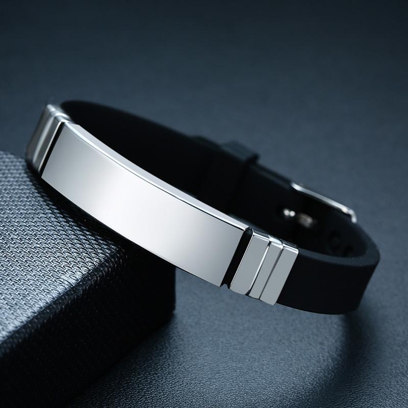 Vnox Custom Engrave Casual Silicone Bracelet for Men Women,Stainless Steel ID Tag Wristband Unisex Jewelry,Length Adjustable