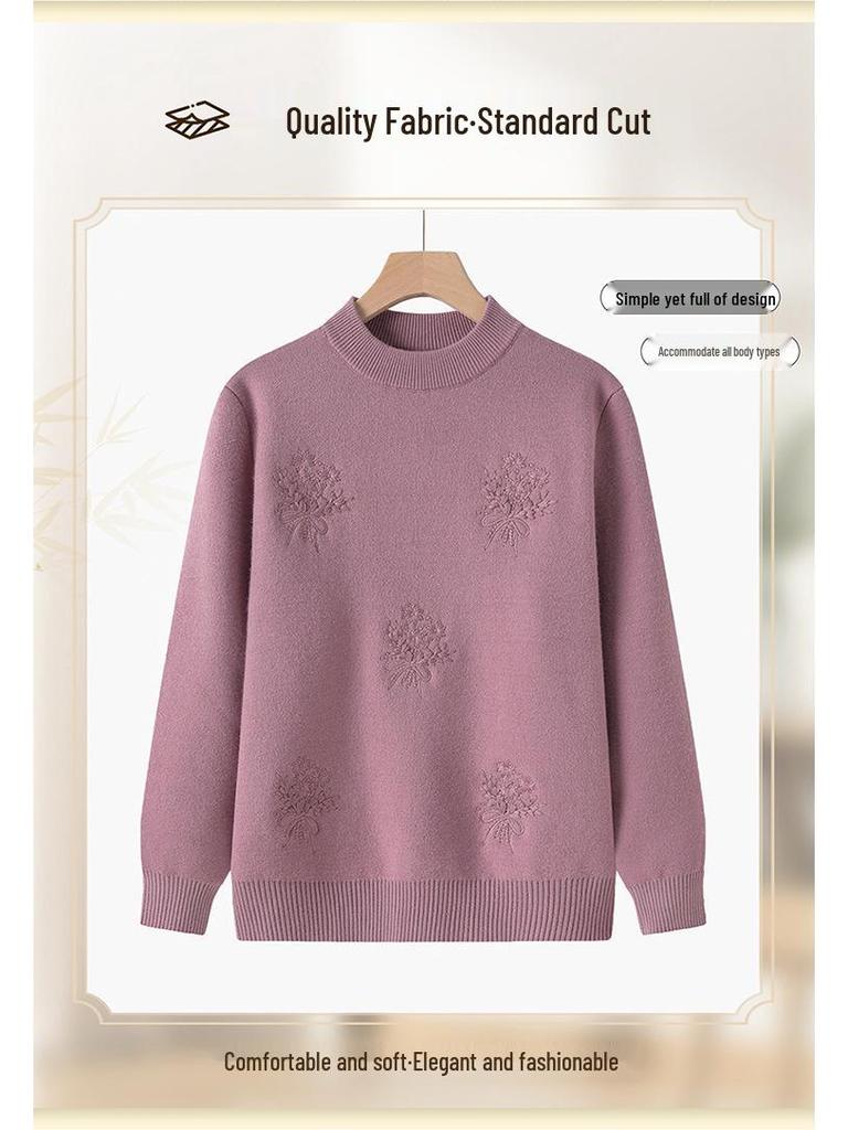 Fleece-Lined Knitted Sweater: Warm Winter Base Layer for Middle-Aged and Elderly Women