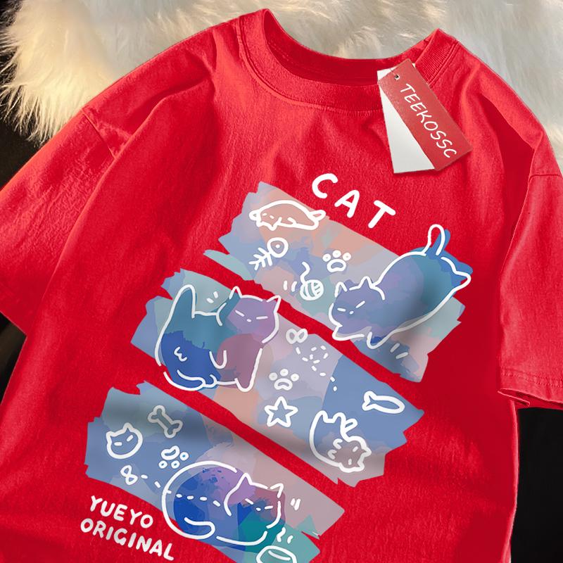 Αστεία Άτακτη Γάτα Μοτίβο Ιαπωνικού Στυλ T-Shirts Ανδρικά Γυναικεία Μόδα T-shirts Αναπνέον Καλοκαιρινά T-shirts Βαμβακερά Φαρδιά Μπλουζάκια Ρούχα