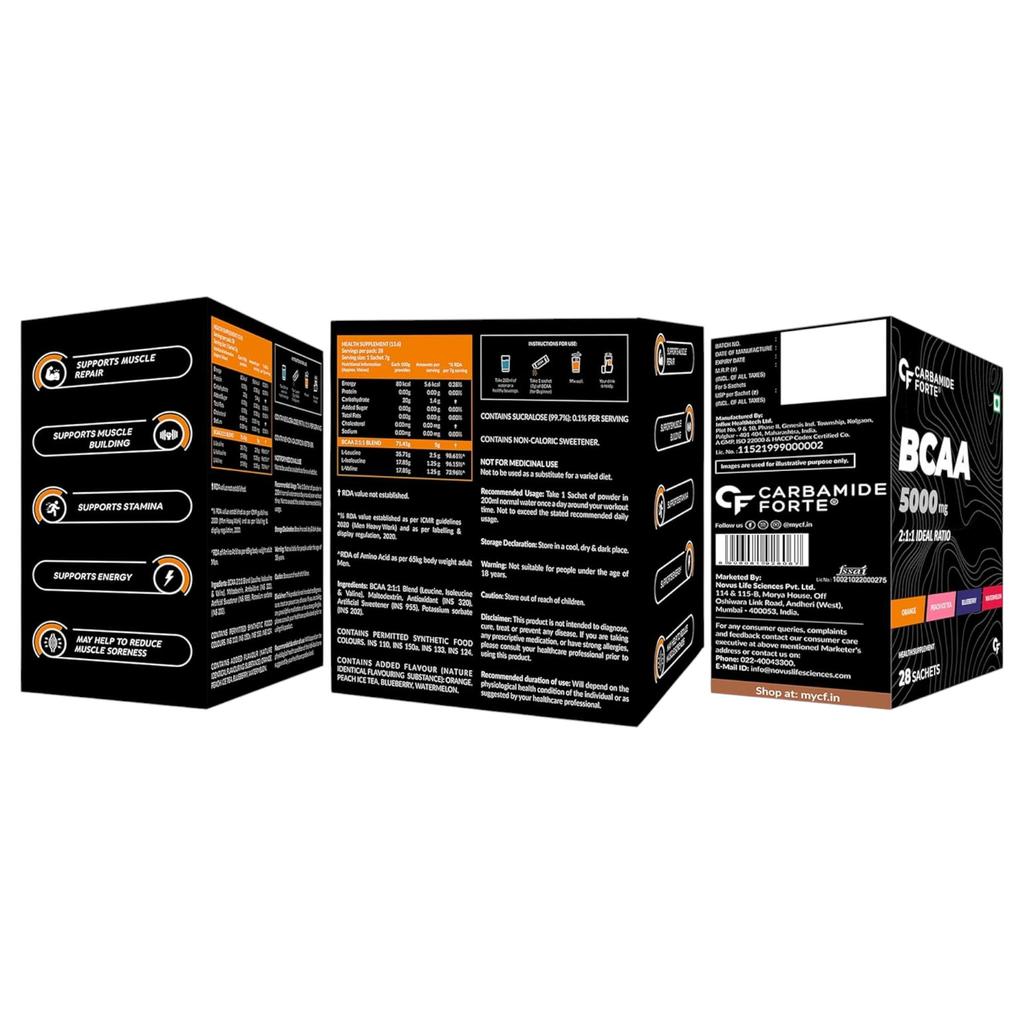 Carbamide Forte BCAA Powder 5000mg 28 Sachets Pre & Intra Workout Supplement 7g Serving 2:1:1 Ratio (4 Flavors) PACK OF 1