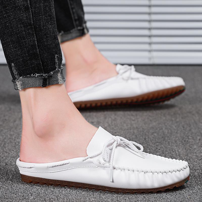 2025 Summer Half Shoes For Men Mules Man Slides Bowknot Slip On Flats Men Driving Shoes Leather Semi-Drag Loafers Slippers