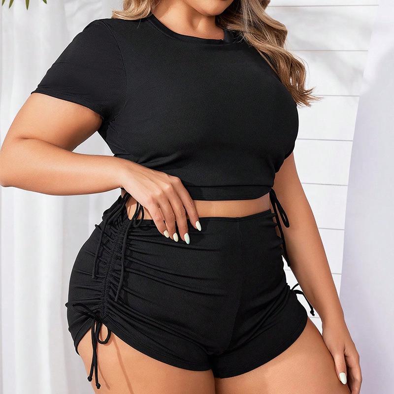 2024 Conservative Plus Size Solid Color Drawstring Swimsuit Bikini with Boxer Shorts