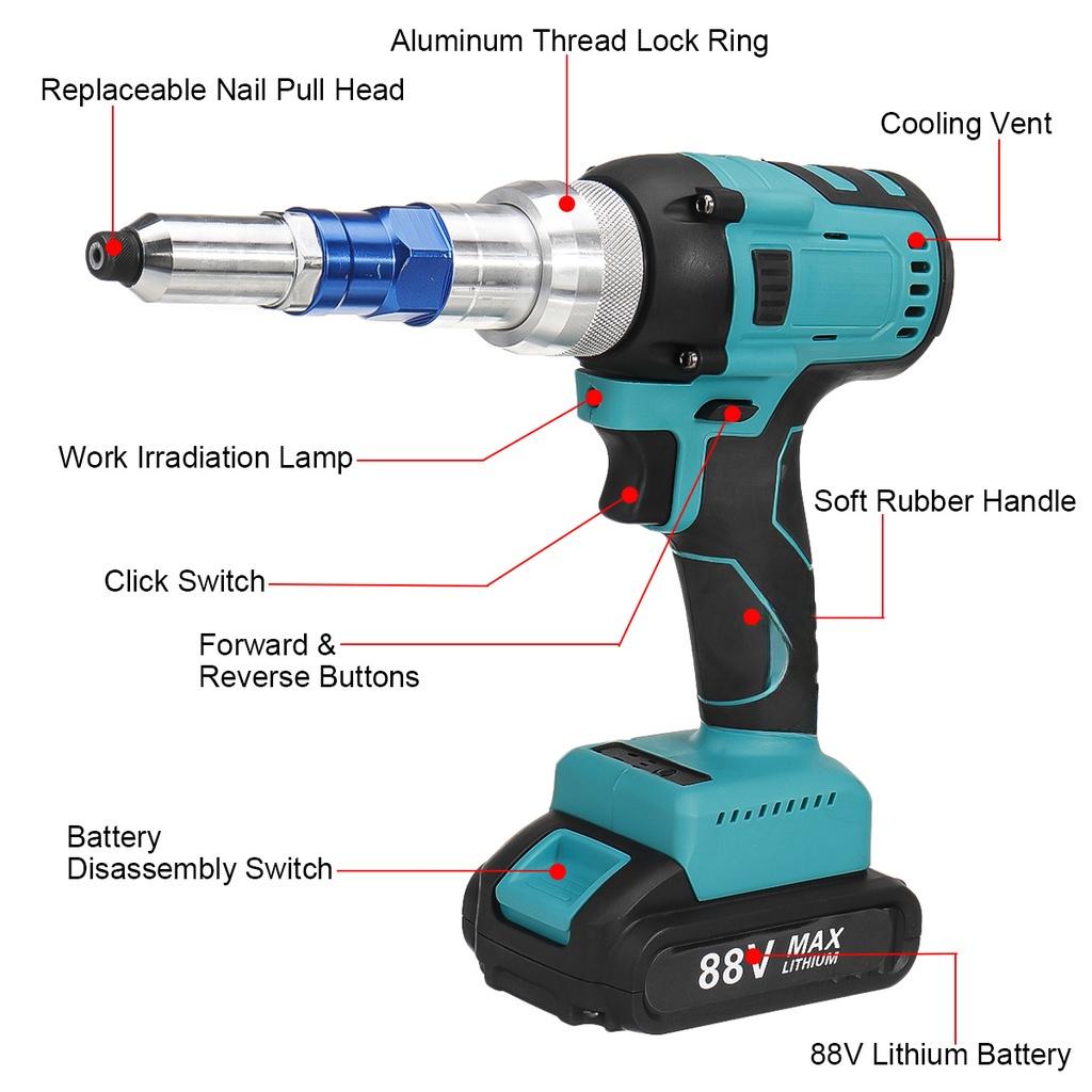Electric Rivet Guns 3.0-5.0mm Brushess Automatic Cordless Rivet Nut Guns Drill Insert Riveting Tool With 6000mAh Battery AC 110-240V