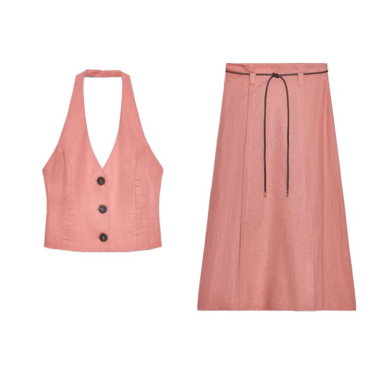 Linen Blend Hanging Collar Top 3207939 8118350 High Waist Skirts 2153939 8116350