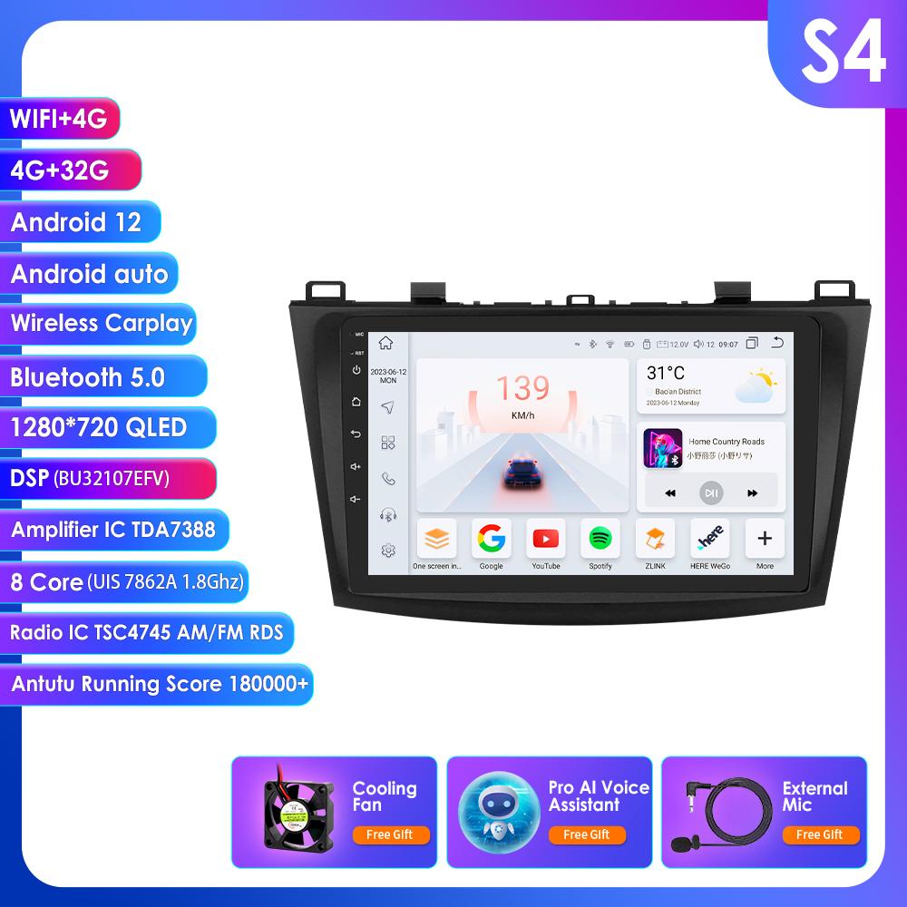 OSSURET 9" Android 14 UIS7862 Carplay Screen for Mazda 3 2010 - 2013 Car Radio Automotive Multimedia GPS Intelligent Navigation BT RDS DSP Octa Core