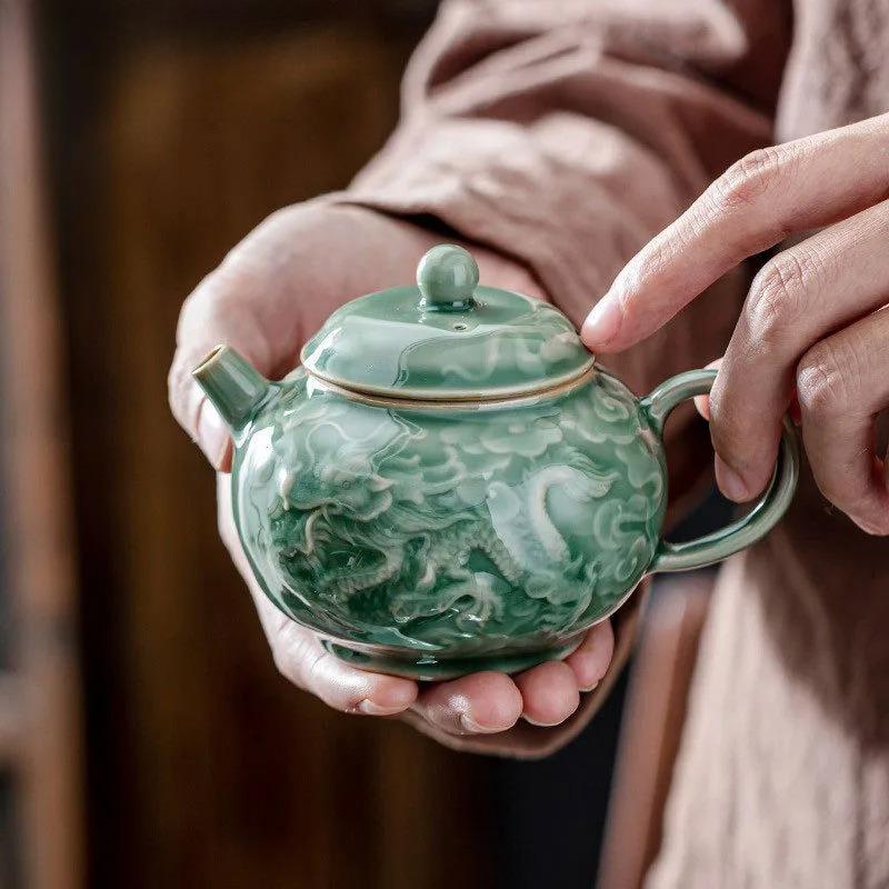 150ml Yue-Ofen Celadon Relief Drache und Phönix Teekanne Vintage Teefilter Kanne Teebereiter Kessel Mit Kugelöffnung Teeservice Geschenk