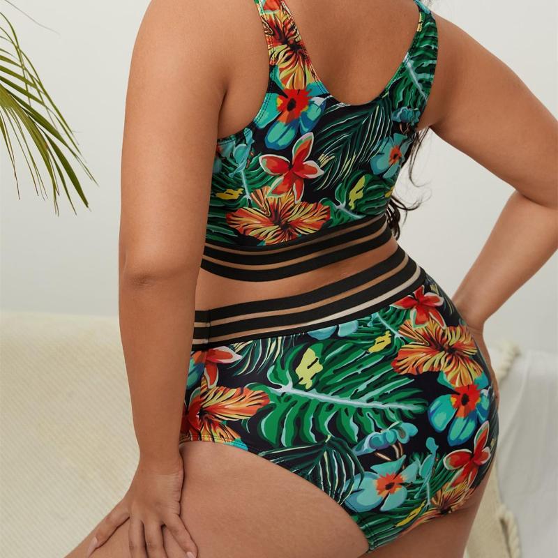 Costumi da bagno taglie forti Set da 2 pezzi Set bikini push up da donna a vita alta Stampa floreale Costumi da bagno grandi estivi