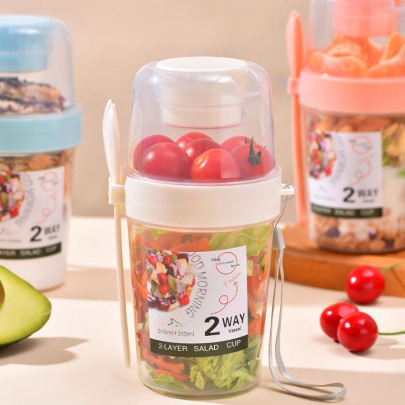 Tazza Portatile a Doppio Strato per Insalata, Avena, Cereali, Frutta Secca, Yogurt, Set Contenitore con Forchetta, Pranzo Scolastico, Scatola per Alimenti