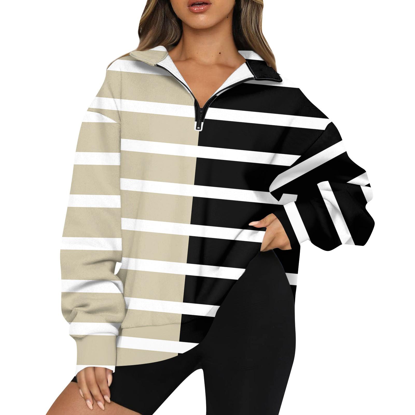 Женская модная толстовка с длинным рукавом и принтом в полоску с отворотом на молнии L чёрный 1788₽