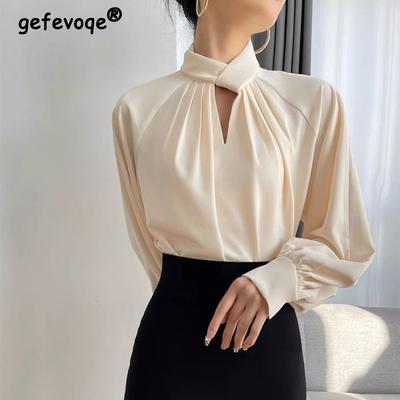 Blusa Elegante Coreana Feminina com Babados Vazados Moda Feminina Gola Alta Camisa Casual de Negócios Manga Longa Tops Sólidos Soltos