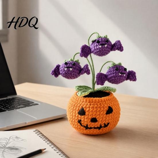 Halloween Knitted Ghost Ornament Handmade Crochet Pumpkin Pumpkin with Cute Bat Festive Home Accents for Flowers Planter Plant Tabletop Decoration