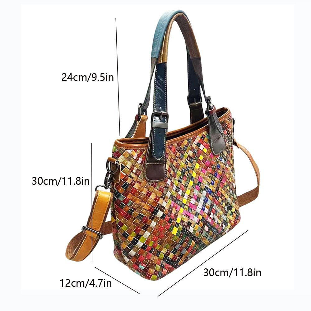 Damvävd väska i äkta läder Etnisk stil Handsydd Färgsprakande koskinn Handväska Axelremsväska