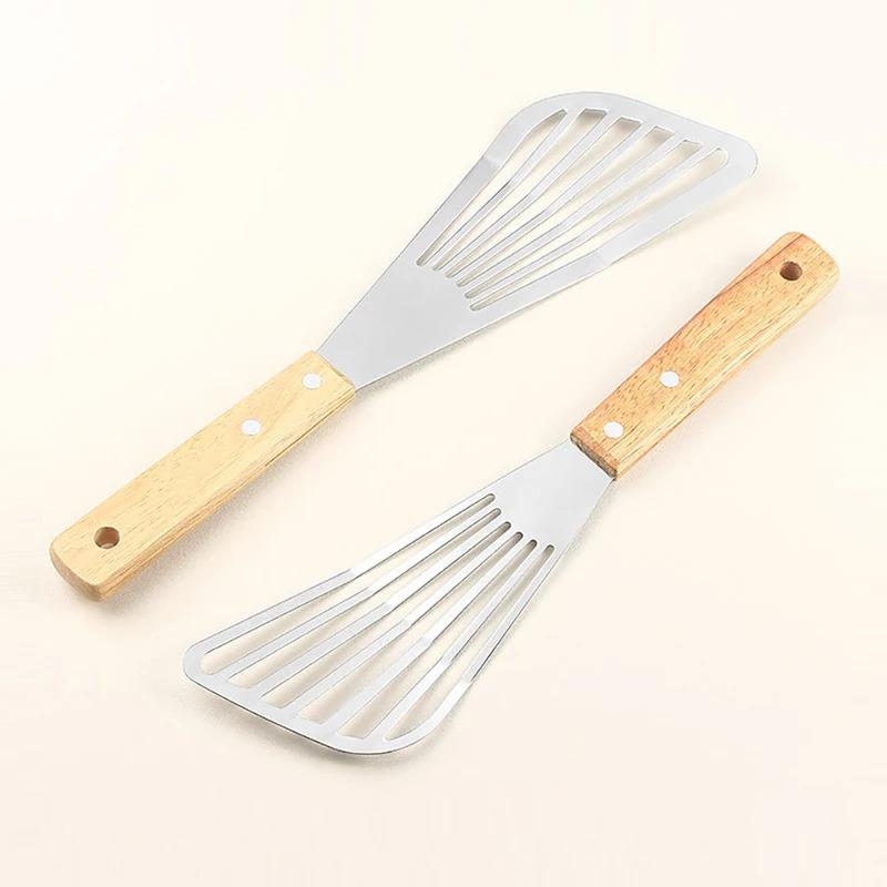 1 Stück Edelstahl Fischbratspatel mit Holzgriff Fächerförmiger Spatel Haushalt Hochtemperatur-Bratspatel